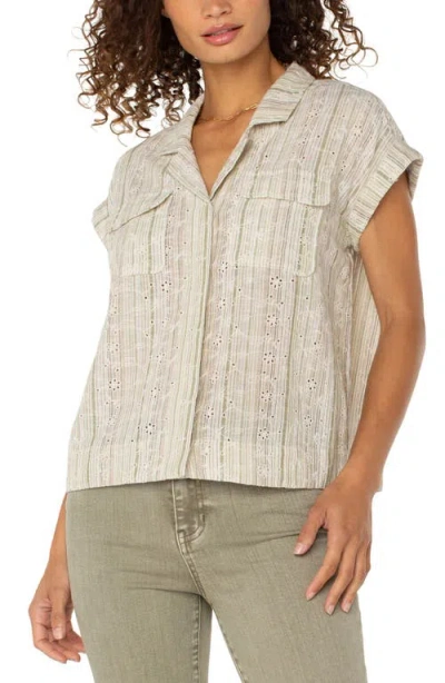 Liverpool Los Angeles Stripe Eyelet Cotton & Linen Camp Shirt