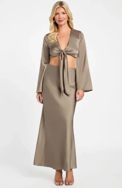 Marciano Monica Tie Front Satin Crop Top In Brown