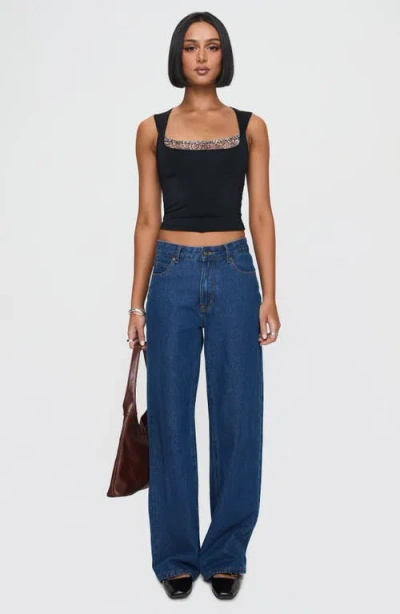 Princess Polly Xandi Leopard Trim Crop Top In Black