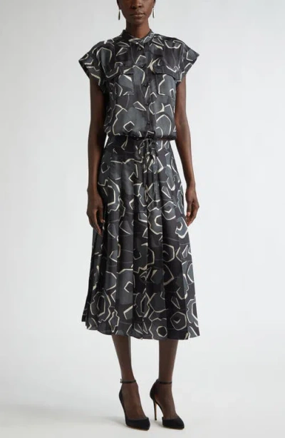 St John St. John Collection Pleated Cubist Floral Midi Skirt