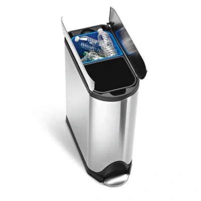Simplehuman Brushed Stainless Steel 40 Liter Fingerprint Proof Dual Recycler Butterfly Trash Can In Metallic