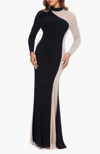 Xscape Evenings Bead Detail Long Sleeve Body-con Gown In Black