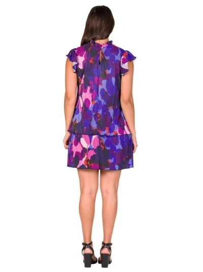 24seven Comfort Apparel Petites Multicolor Ruffle Cap Sleeve High Neck Tiered Mini Dress In Blue