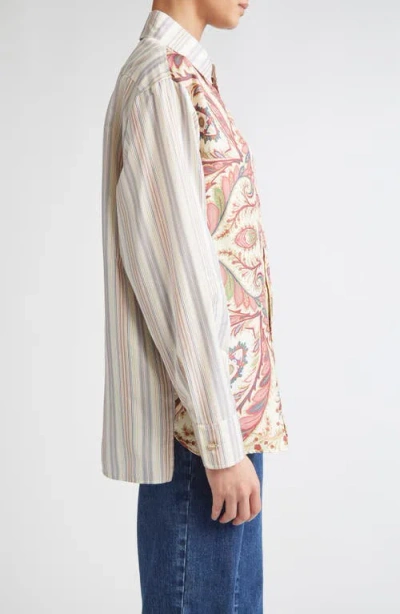 Etro Camicia Over In Cotone A Righe Con Stampa In Brown