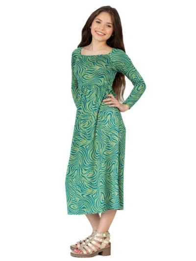 24sevenkid Green Print Long Sleeve Maxi Dress