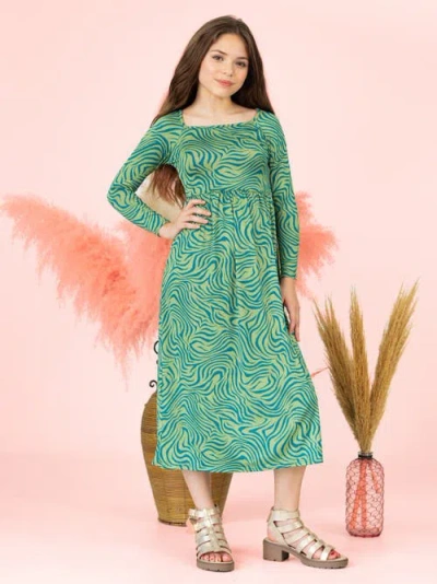 24sevenkid Green Print Long Sleeve Maxi Dress