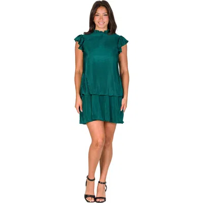 24seven Comfort Apparel Petites Ruffle Cap Sleeve High Neck Pleated Tiered Mini Dress In Green