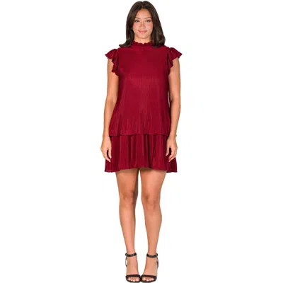 24seven Comfort Apparel Petites Ruffle Cap Sleeve High Neck Pleated Tiered Mini Dress In Burgundy