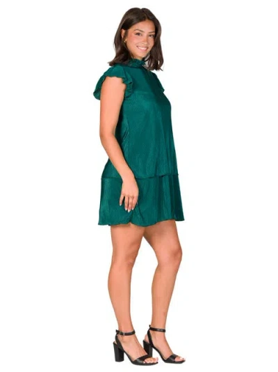 24seven Comfort Apparel Petites Ruffle Cap Sleeve High Neck Pleated Tiered Mini Dress In Green