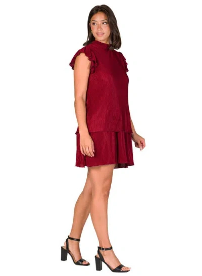 24seven Comfort Apparel Petites Ruffle Cap Sleeve High Neck Pleated Tiered Mini Dress In Burgundy