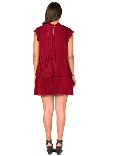 24seven Comfort Apparel Petites Ruffle Cap Sleeve High Neck Pleated Tiered Mini Dress In Burgundy