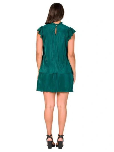 24seven Comfort Apparel Petites Ruffle Cap Sleeve High Neck Pleated Tiered Mini Dress In Green