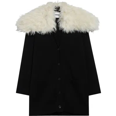 Jil Sander Virgin Merino Wool Blend Cardigan With Detachable Faux Fur Collar