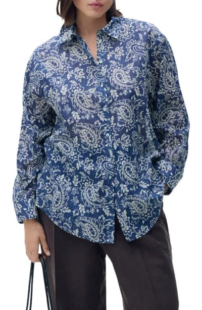 Mango Print Cotton Button-up Shirt In Blue
