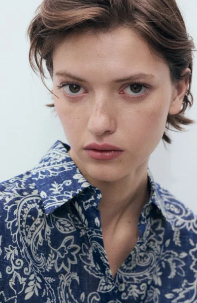 Mango Print Cotton Button-up Shirt In Blue