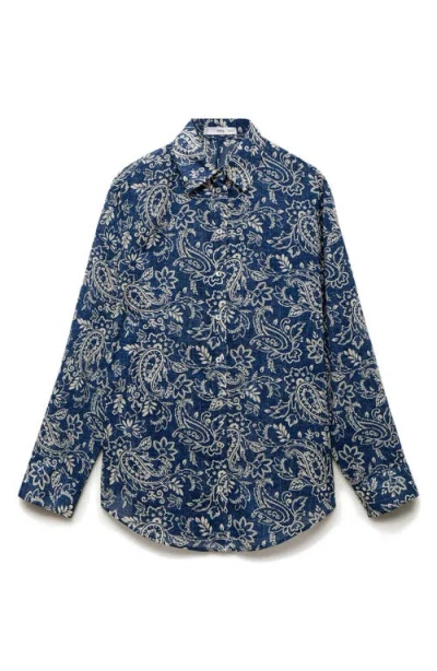 Mango Print Cotton Button-up Shirt In Blue