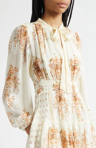 Ulla Johnson Maris Mixed Print Long Sleeve Silk A-line Dress In Neutral