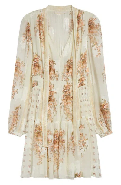 Ulla Johnson Maris Mixed Print Long Sleeve Silk A-line Dress In Neutral