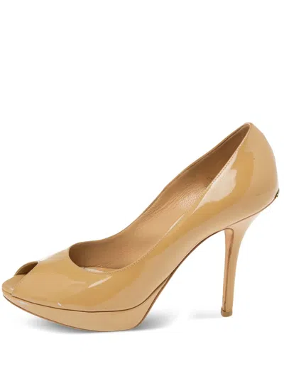 Pre-owned Dior 105mm Patent Leather Peep Toe Pumps In Neutral