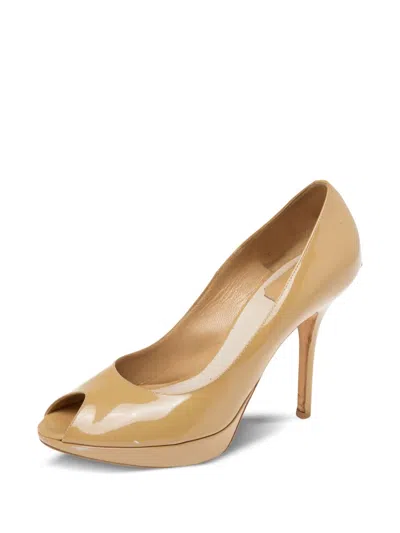 Pre-owned Dior 105mm Patent Leather Peep Toe Pumps In Neutral