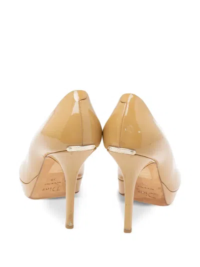 Pre-owned Dior 105mm Patent Leather Peep Toe Pumps In Neutral