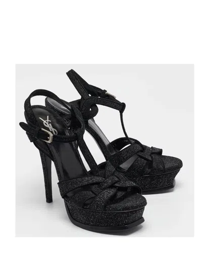 Pre-owned Saint Laurent 2023 140mm Tribute Platform Glitter Sandals In Black