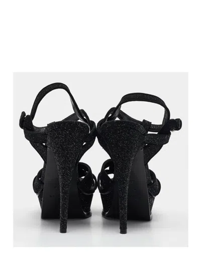 Pre-owned Saint Laurent 2023 140mm Tribute Platform Glitter Sandals In Black