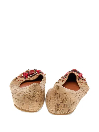 Pre-owned Oscar De La Renta Bead-embellished Cork Ballet Flats