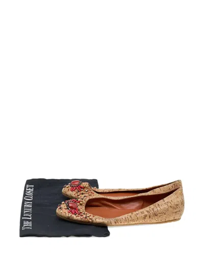 Pre-owned Oscar De La Renta Bead-embellished Cork Ballet Flats