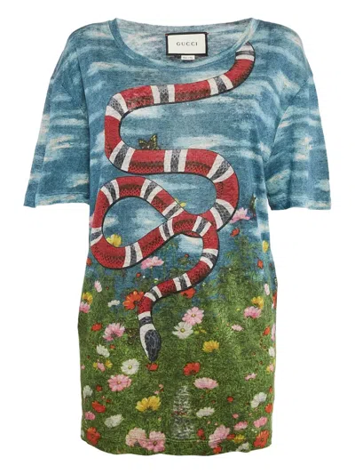 Pre-owned Gucci 2024 Snake Floral Linen Top In Blue