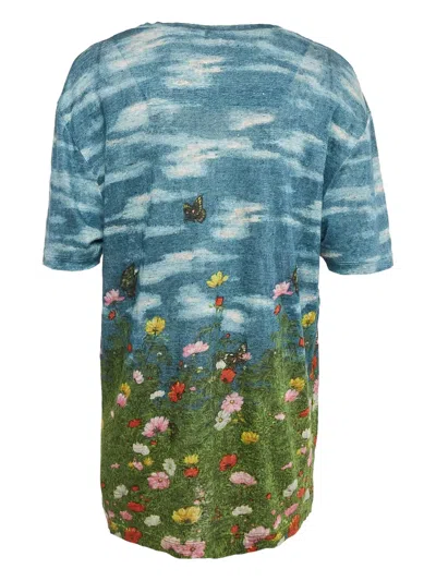 Pre-owned Gucci 2024 Snake Floral Linen Top In Blue