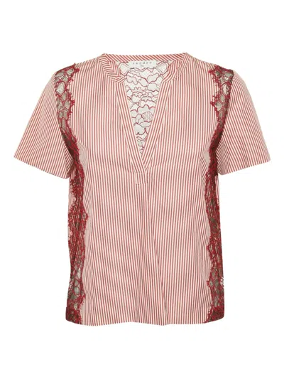 Pre-owned Sandro  Striped Lace-detail Top In Red