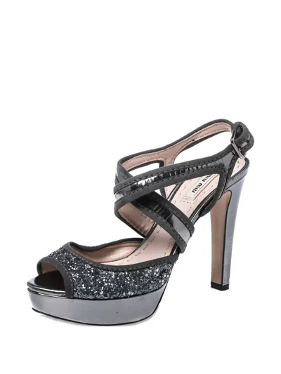Pre-owned Miu Miu 120mm Glitter-detail Platform Sandals In Silver