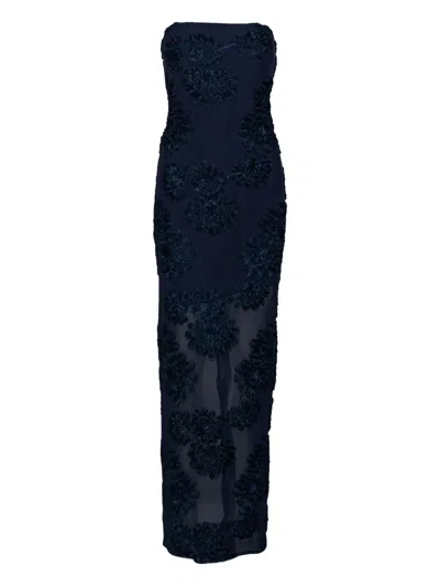 Rotate Birger Christensen Rotate Maxi Dress With Floral Embellishments And Mesh Panel In Blue