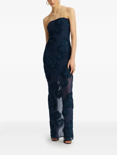 Rotate Birger Christensen Rotate Maxi Dress With Floral Embellishments And Mesh Panel In Blue