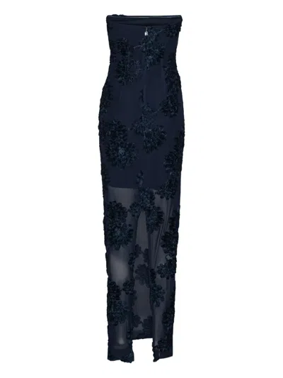 Rotate Birger Christensen Rotate Maxi Dress With Floral Embellishments And Mesh Panel In Blue