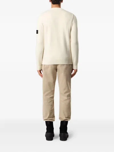 Stone Island Crew Neck Wool Sweater With Reverse Stitch Details In White