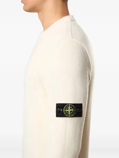 Stone Island Crew Neck Wool Sweater With Reverse Stitch Details In White