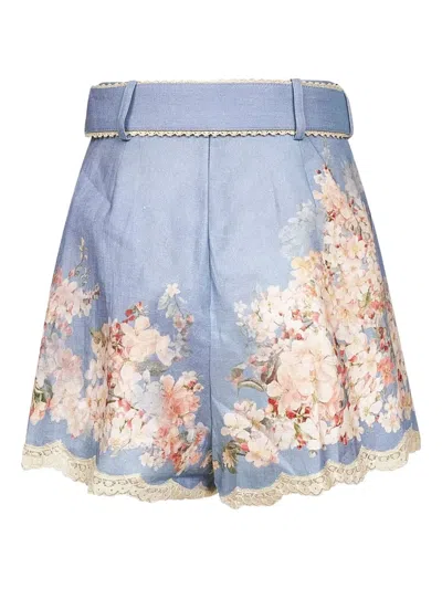 Zimmermann Womens Cascadian Tuck Floral Linen Shorts Teal Blue Botanical In Blue