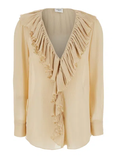 Saint Laurent Beige Blouse With V Neck And Ruffles On Front And Rear In Silk Woman