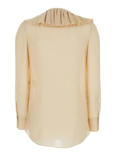 Saint Laurent Beige Blouse With V Neck And Ruffles On Front And Rear In Silk Woman
