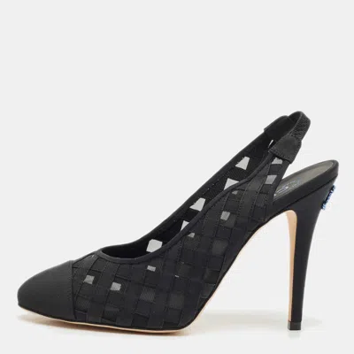 Pre-owned Chanel Black Woven Fabric And Mesh Cc Cap Toe Slingback Pumps Size 38.5