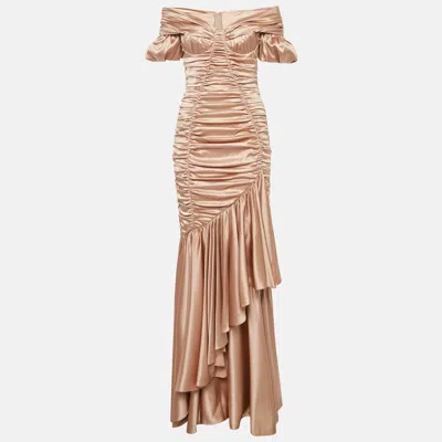 Pre-owned Dolce & Gabbana Champagne Pink Satin Ruched Ruffled Maxi Dress M