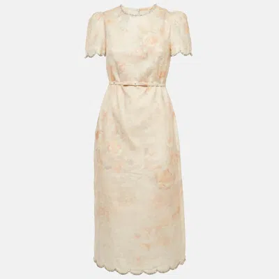Pre-owned Zimmermann Pink Rose Print Linen Crystal Embellished Midi Dress Xs