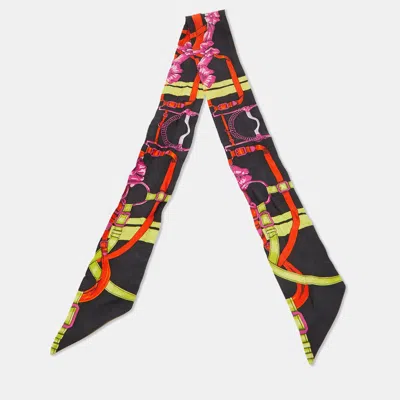 Pre-owned Hermes Hermès Black Grand Manege Fleuri Silk Twilly