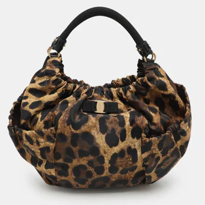 Pre-owned Ferragamo Brown Leopard Print Nylon Vara Bow Hobo