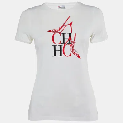 Pre-owned Ch Carolina Herrera White Ch Embroidered Cotton T-shirt Xs