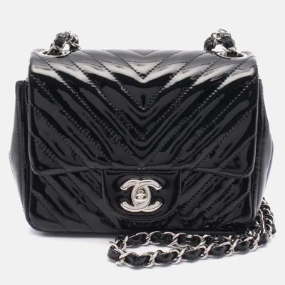 Pre-owned Chanel Black Mini Square Classic Chevron Patent Single Flap