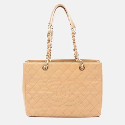 Pre-owned Chanel Beige Caviar Grand Shopping Tote In Sand