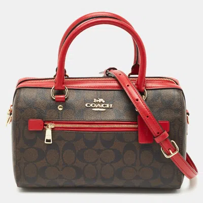 Pre-owned Coach Brown/red Signature Coated Canvas And Leather Rowan Boston Satchel